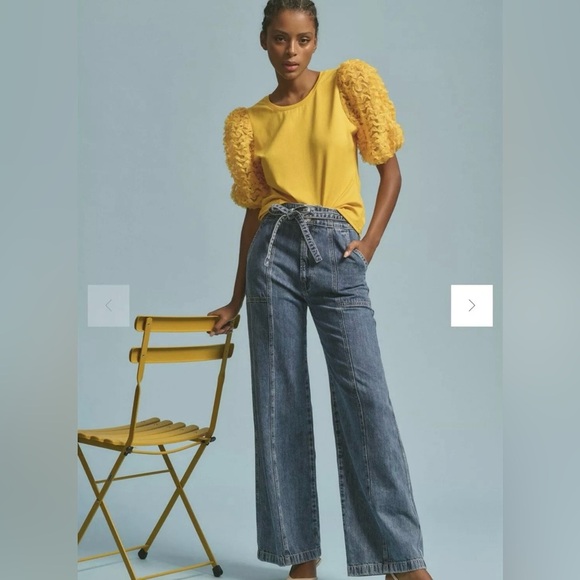 ANTHROPOLOGIE FLAT YELLOW SHEER RUFFLE PUFF SLEEVE BLOUSE KNIT TEE TOP Size XS - Picture 1 of 4